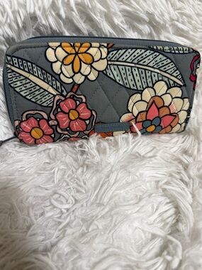 Vera Bradley Gray Quilted Floral Zip-Around Wallet with Pink & Yellow Blooms